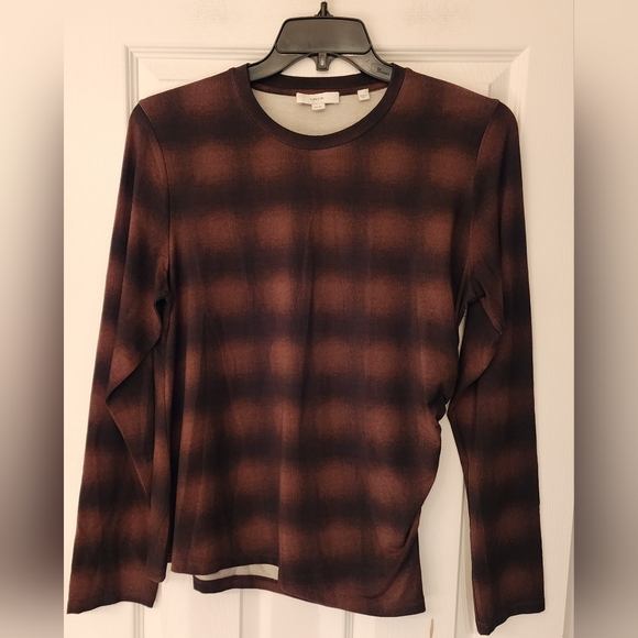 VINCE Long-sleeved Crewneck Ruched Side Top In Blk/Brown Size XL - Picture 4 of 12